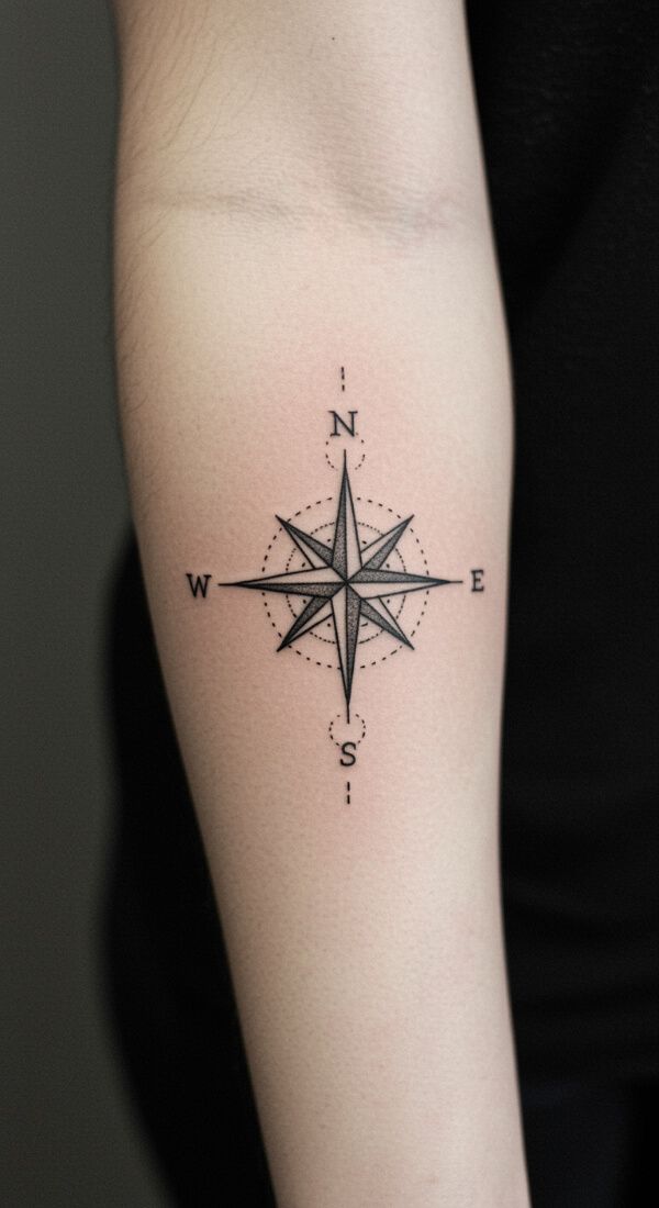 Detailed compass rose tattoo on forearm