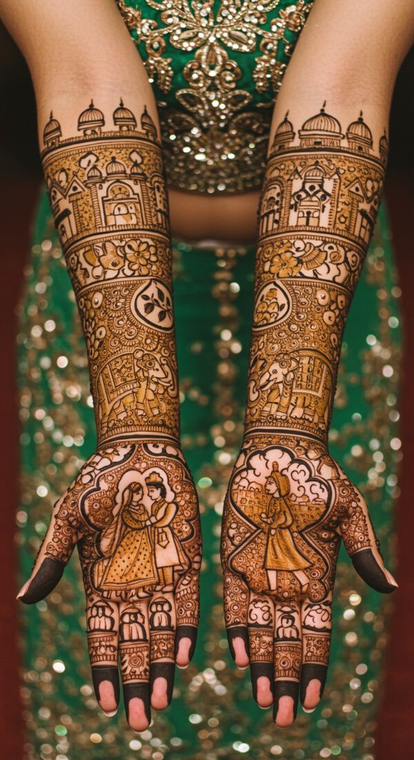 Palace and royal theme bridal mehndi design with architectural motifs.
