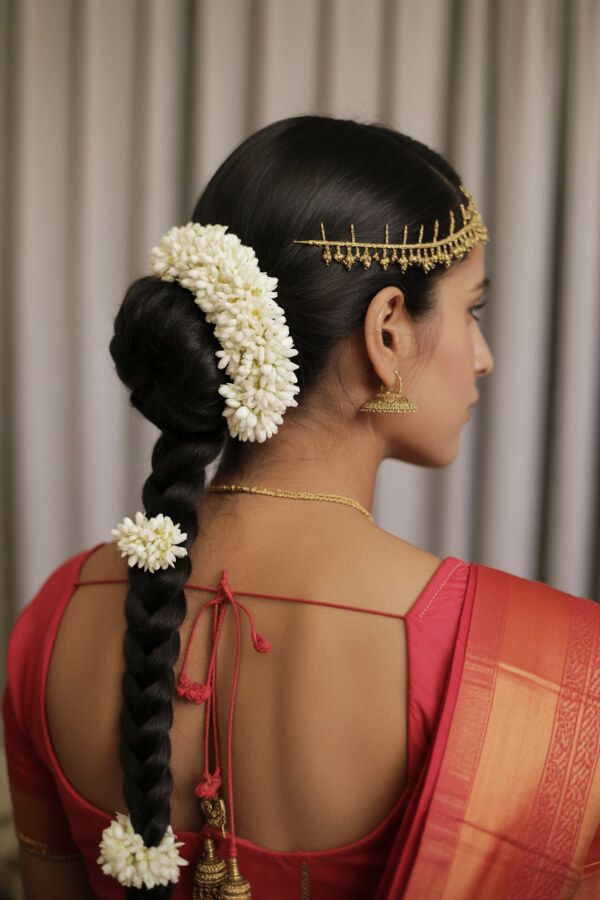 Side braid bun hairstyle with jasmine gajra and gold headpiece