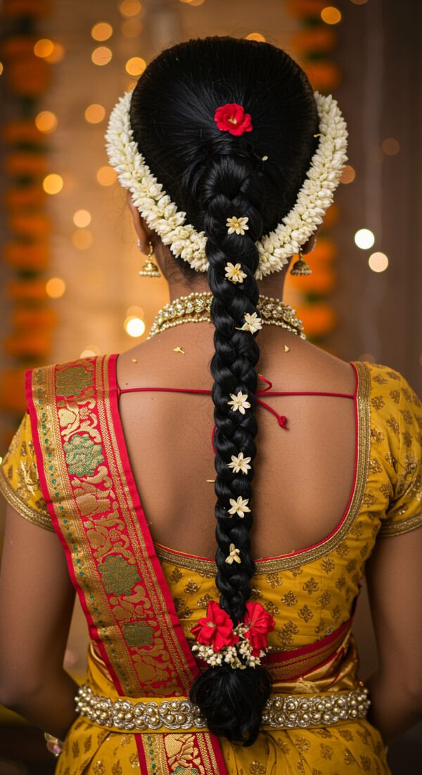 Indian woman with long traditional braid decorated with jasmine gajra and red flowers wearing saree.