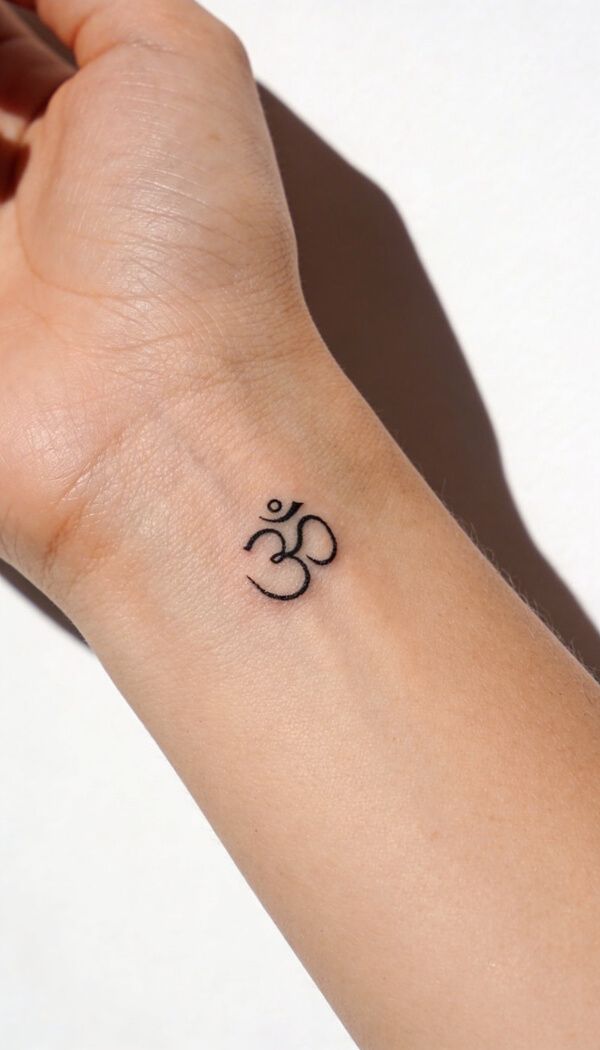 Small Om symbol tattoo on inner wrist