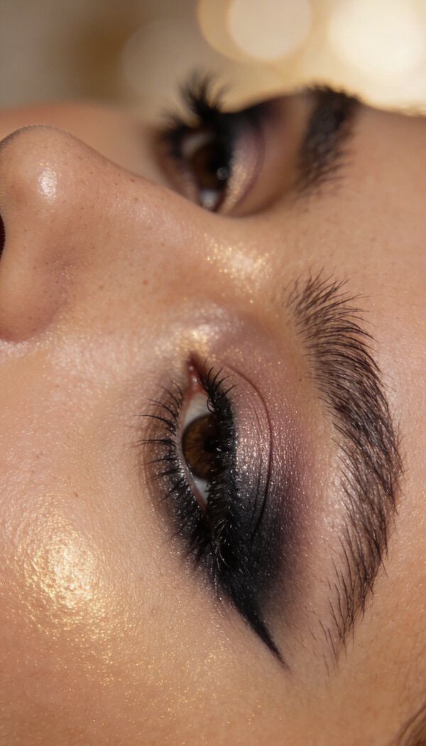 Bronze eye makeup with golden highlighter and sharp winged eyeliner.