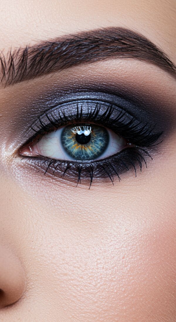 Metallic silver smokey eye makeup with bold lashes and glowing skin.