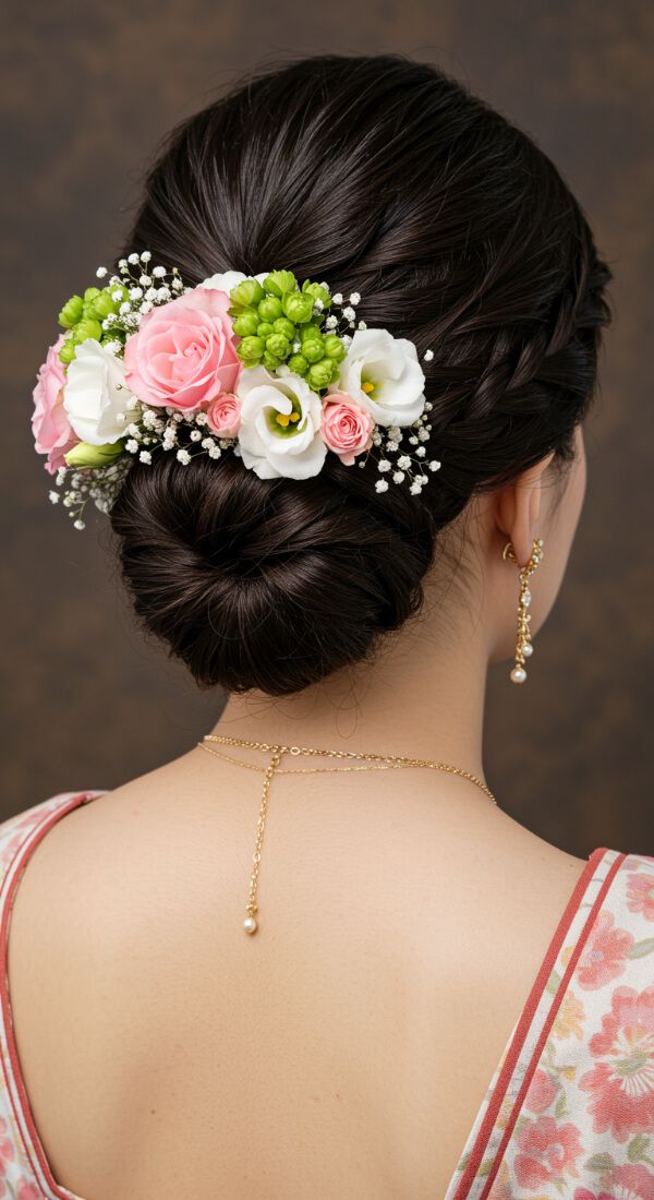 Bridal low bun hairstyle decorated with pink and white fresh flowers
