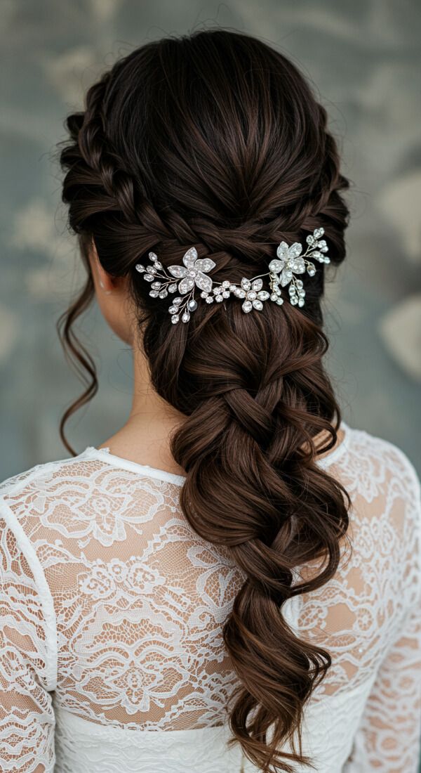 Twisted braid ponytail bridal hairstyle with silver floral hair accessory
