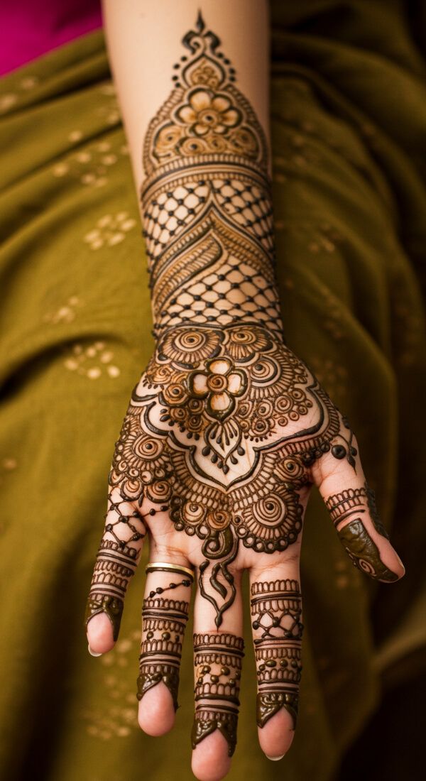 Detailed palm mehndi design with floral centerpiece and net pattern.
