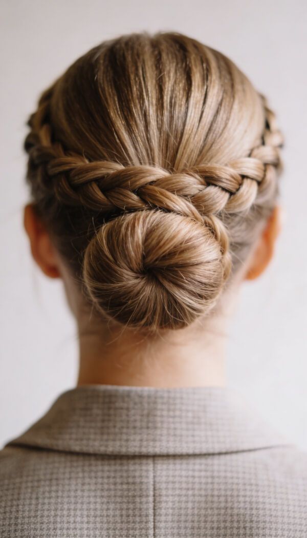 Elegant braided low bun hairstyle for office look