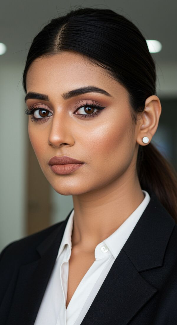 Indian woman wearing professional natural makeup with soft brown eyeshadow and nude lipstick in office attire.