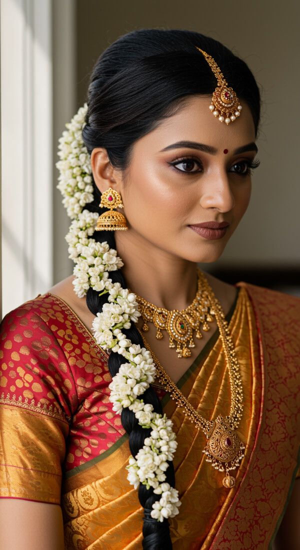 Indian bridal side braid hairstyle decorated with jasmine flowers and gold jewelry.