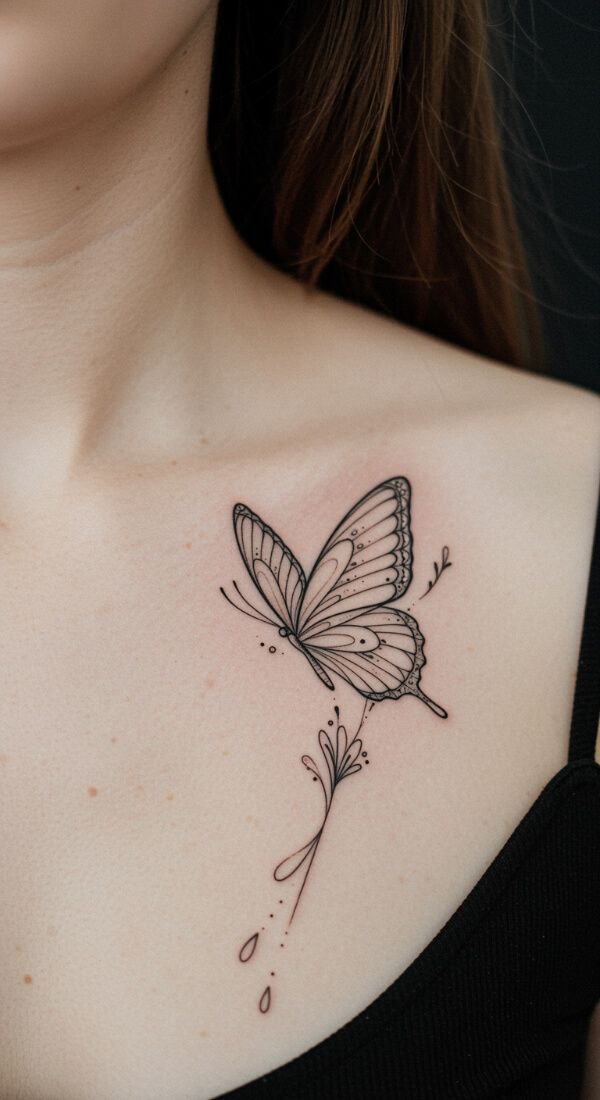 delicate butterfly tattoo on collarbone with fine line details