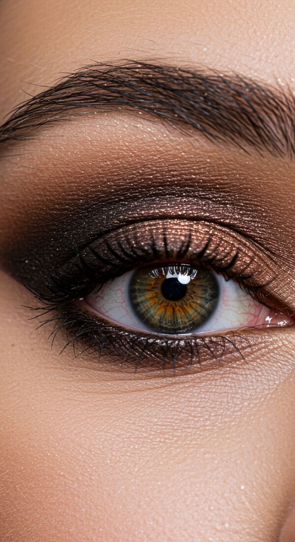 Copper shimmer smokey eye makeup with blended brown tones and voluminous lashes.