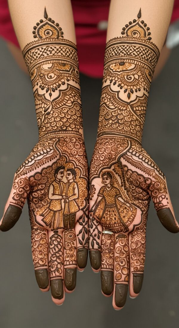 Bride and groom portrait mehndi design on palms with detailed traditional patterns.