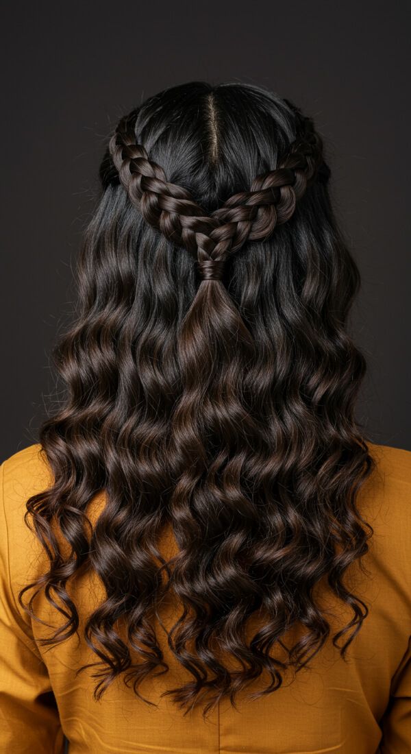 Heart-inspired braided half-up hairstyle on long curly dark hair.