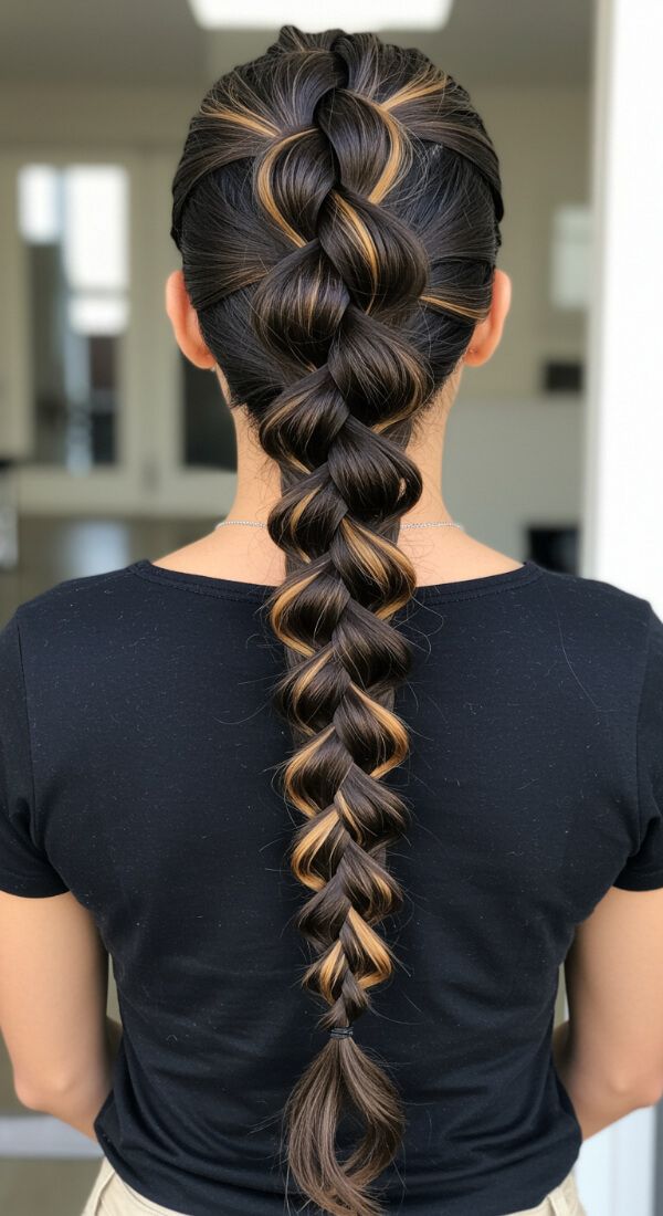 Long bubble braid hairstyle with caramel highlights for Indian women