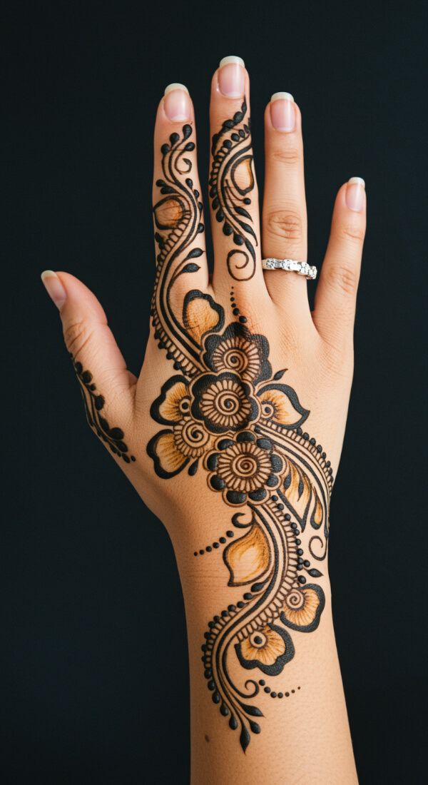 Elegant floral back hand mehndi design with leafy swirls and detailed finger patterns.