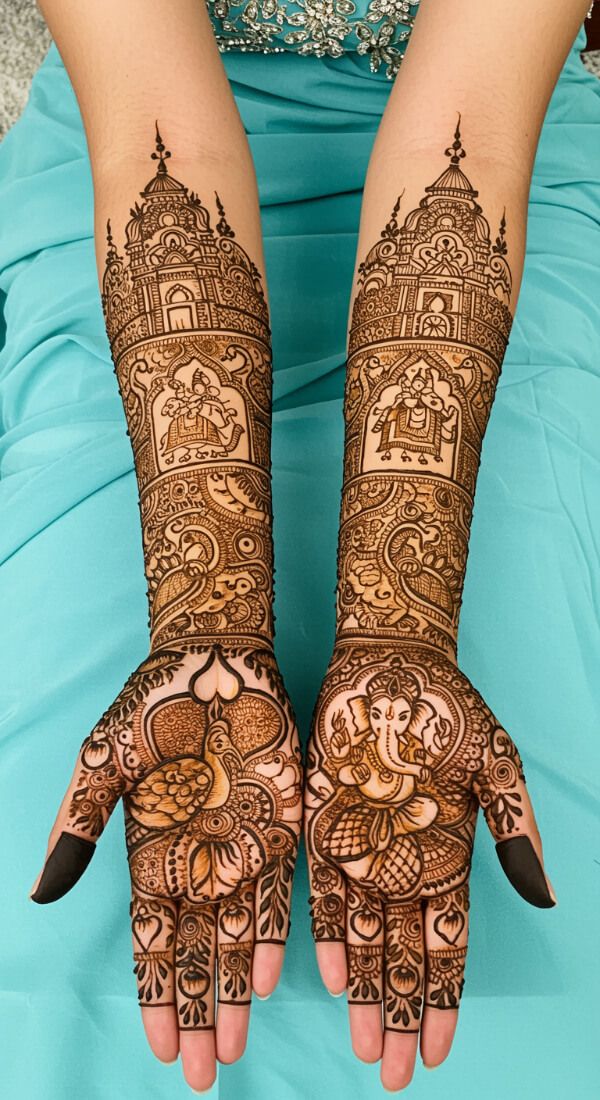 Ganesha and peacock bridal mehndi design with detailed traditional motifs.