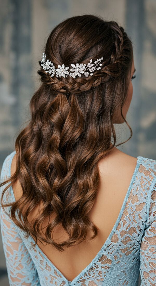 Half up braided wavy hairstyle with crystal tiara hair accessory