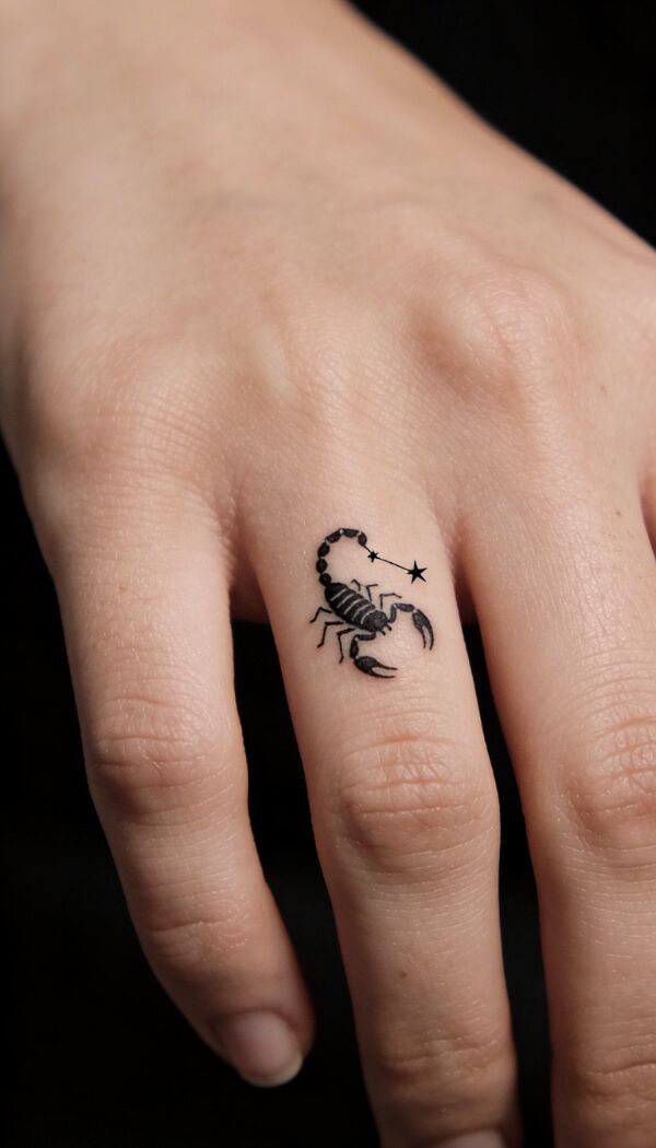 tiny scorpion tattoo on finger with small star detail