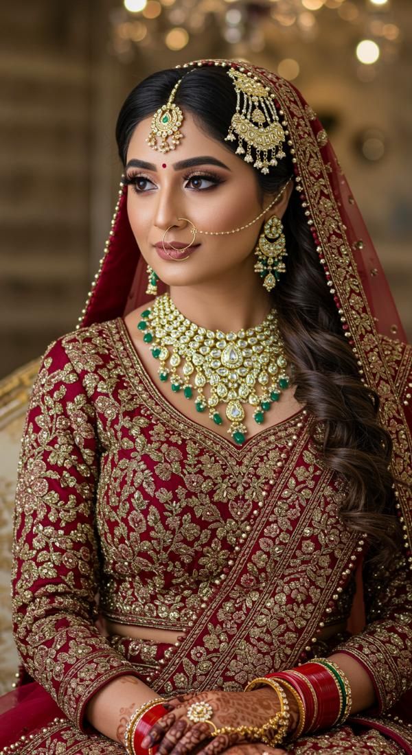 Side swept bridal hairstyle with heavy traditional jewelry