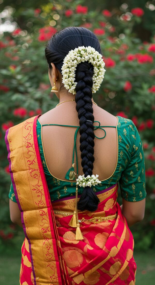 Simple long braid hairstyle decorated with jasmine gajra, paired with a green blouse and red silk saree for a traditional festive look.
