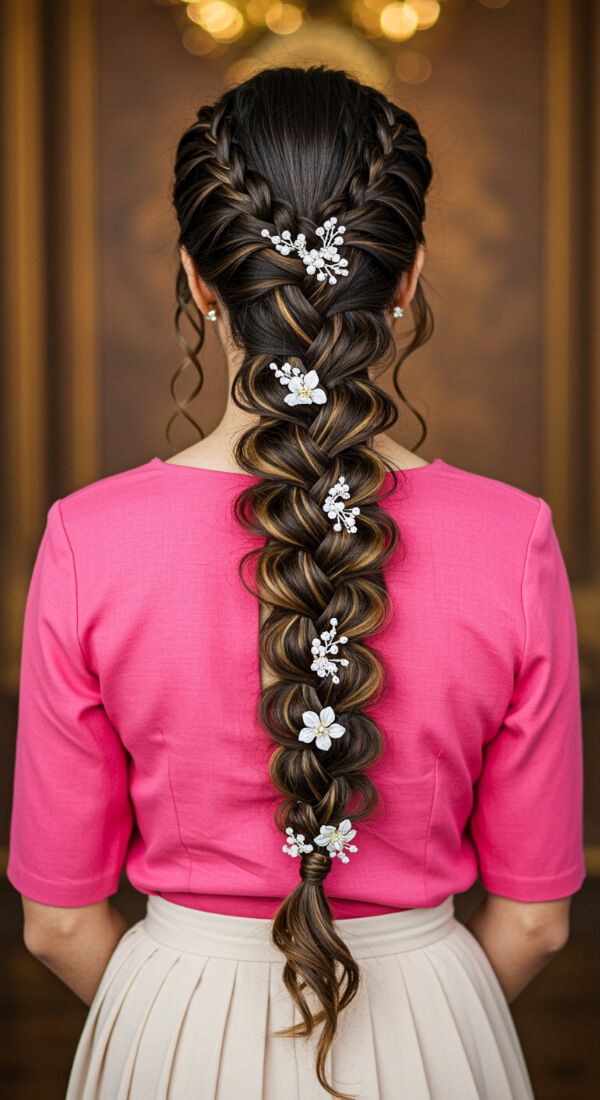 Modern bubble braid hairstyle with small white floral pins