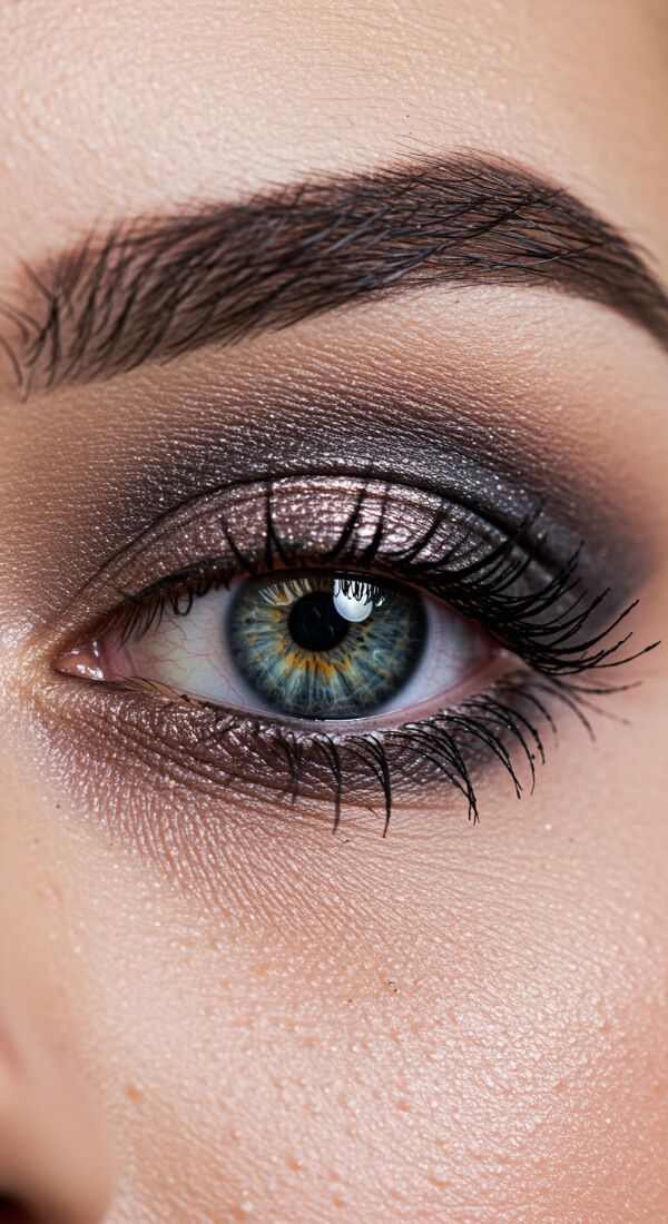 Soft brown shimmer eye makeup with subtle smokey effect and long lashes.