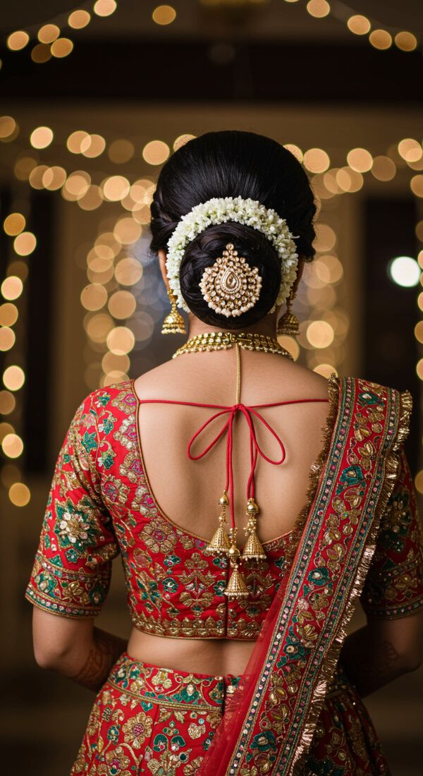 Indian bride bun hairstyle with white gajra and gold hair accessory in red saree