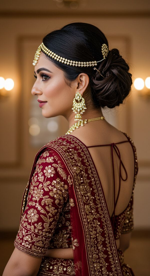 Bridal low bun hairstyle with maang tikka and traditional jewelry