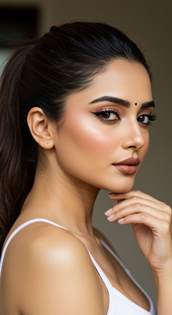 Indian woman with winged eyeliner, glowing skin, nude lips, and sleek ponytail.