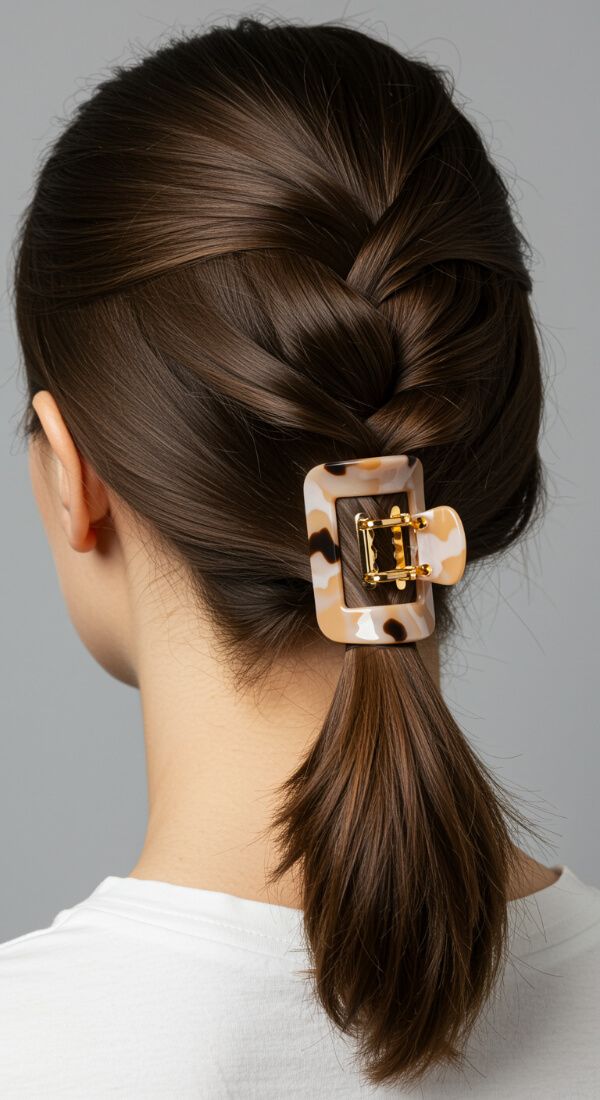 Low ponytail hairstyle with stylish hair clip
