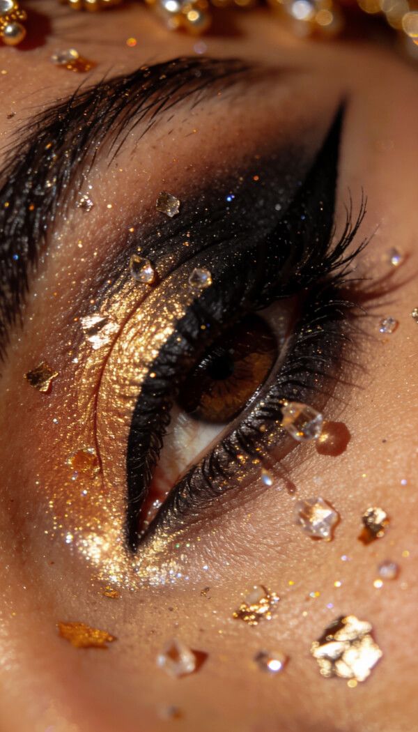 Gold foil glam eye makeup with dramatic black liner and glitter accents.