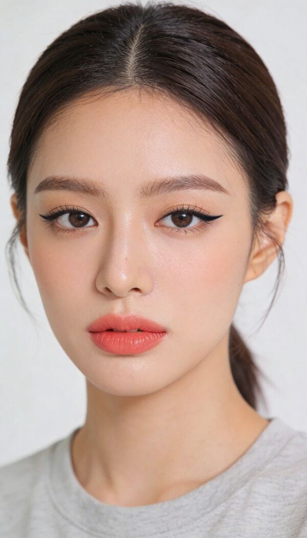 Woman wearing Korean-inspired natural makeup with subtle eyeliner and coral lips.