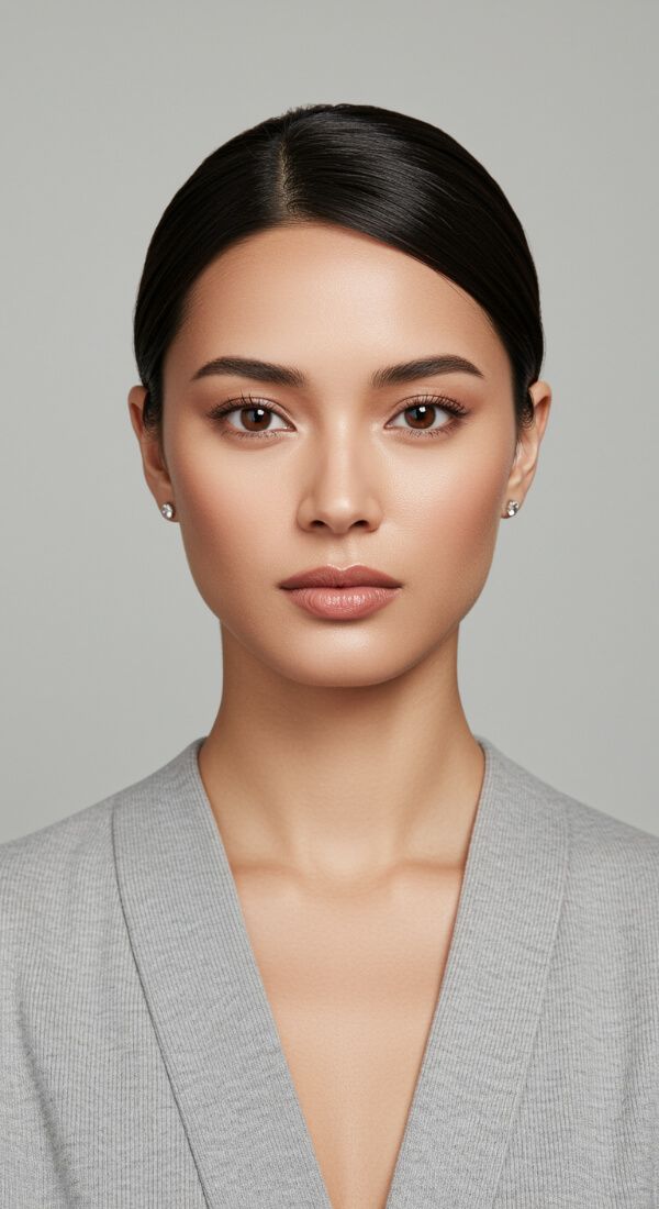 Woman wearing simple matte natural makeup with neutral eyeshadow and soft nude lipstick.