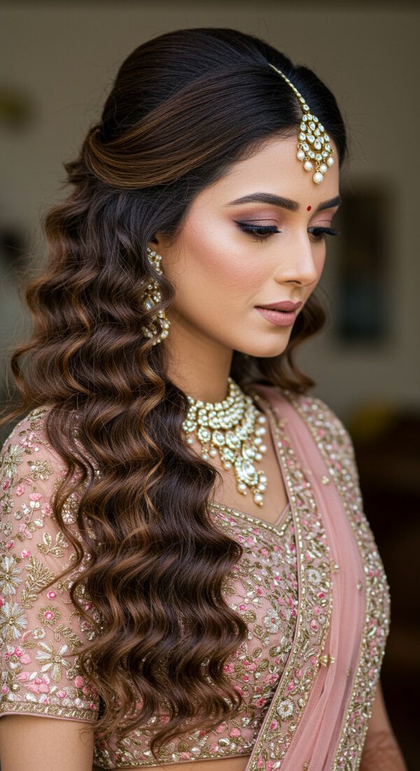 Bride with soft wavy open hairstyle wearing maang tikka and heavy necklace.