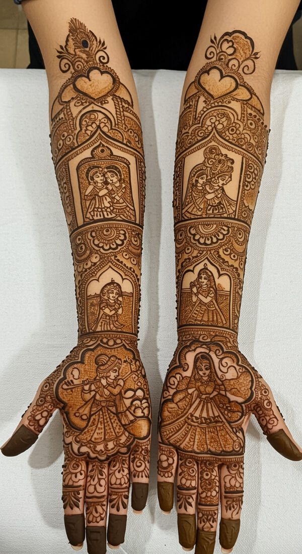 Krishna Radha storytelling mehndi design with romantic themed artwork on palms.