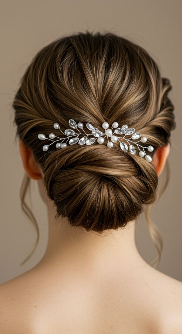 Elegant low bun bridal hairstyle with pearl and crystal hair accessory