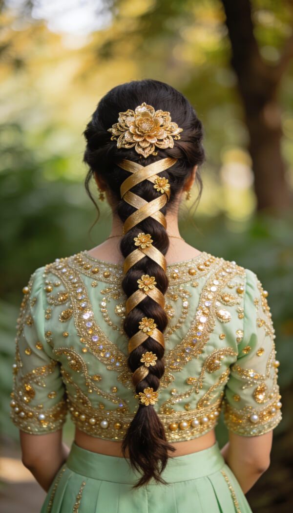 Indian bridal braid decorated with golden ribbon and floral accessories