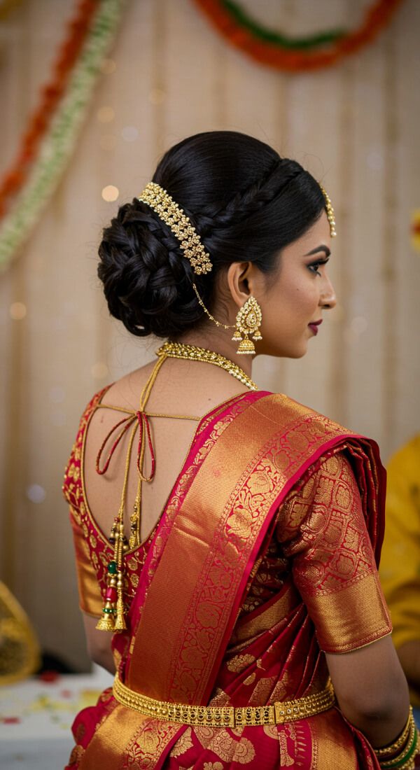 Bride wearing braided bun hairstyle with gold hair band and red saree.