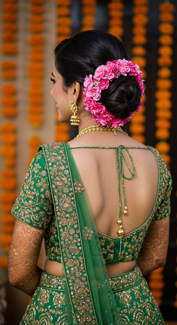 Bridal bun decorated with pink flowers and green lehenga