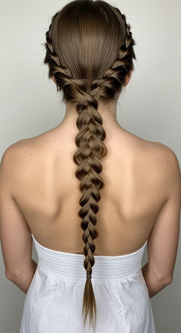 Double French braid hairstyle with long braided ponytail