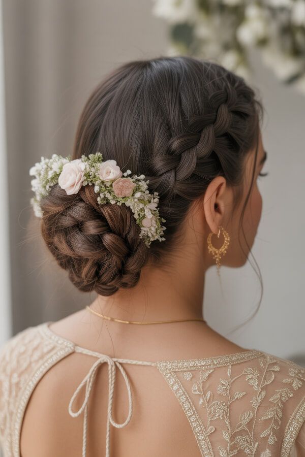 Braided low bun bridal hairstyle decorated with soft pastel flowers