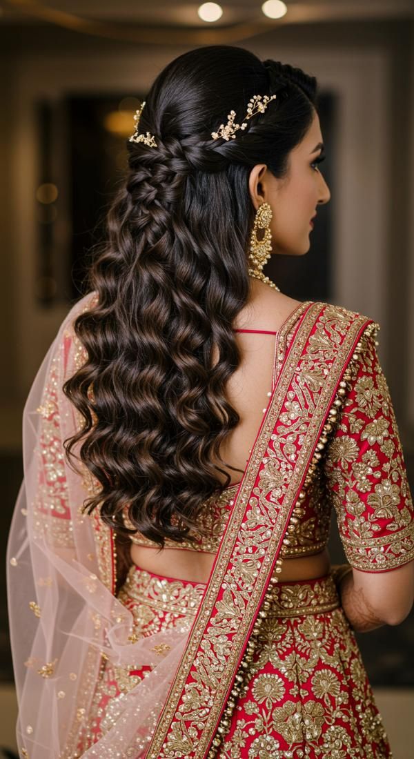 Twisted half-up curly hairstyle with gold pins