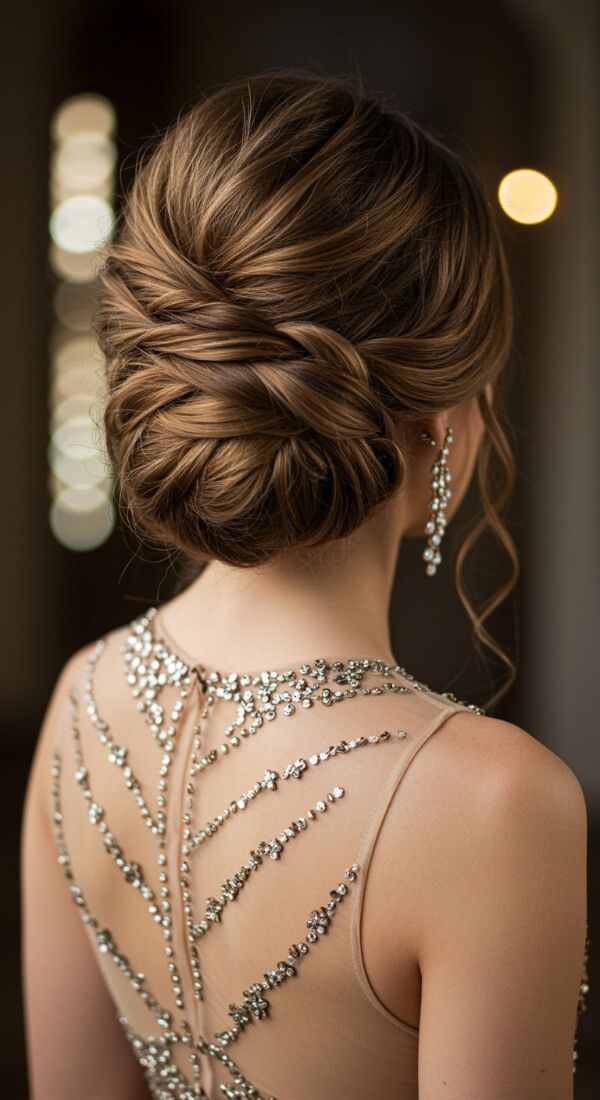 Braided textured low bun hairstyle with embellished back gown