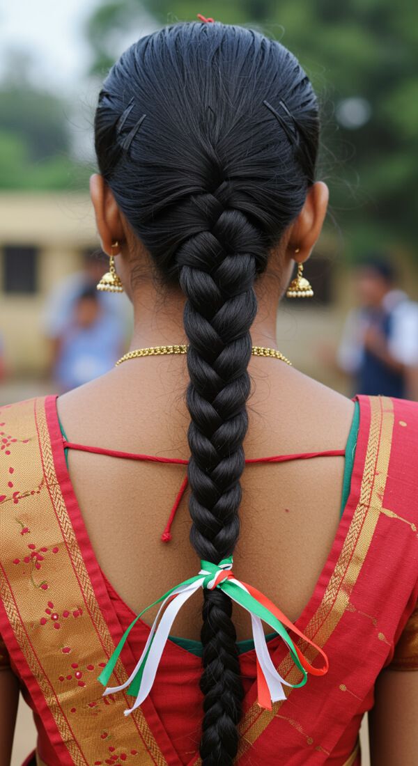 Simple long braid hairstyle with tricolor ribbon on school girl in saree.