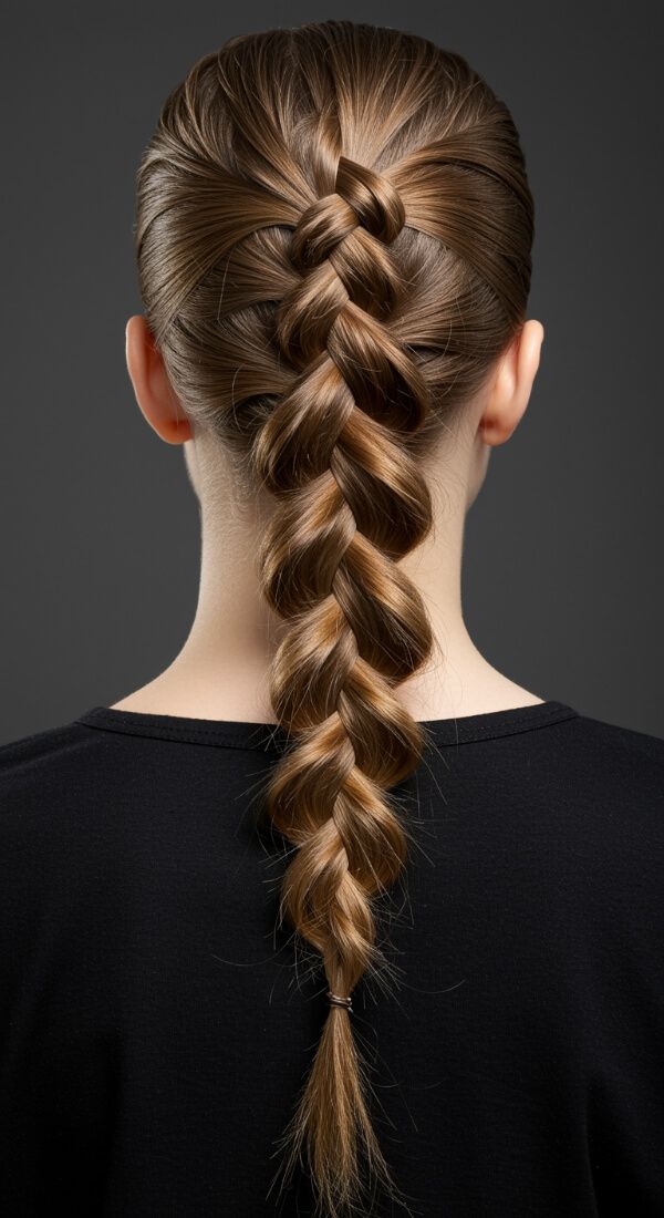 Classic single thick braid hairstyle from the back view