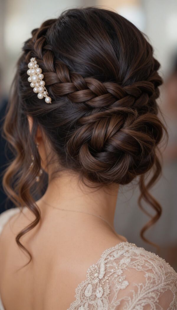 Elegant braided low bun bridal hairstyle with pearl hair accessory