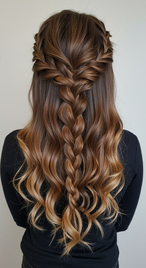 Half-up French braid hairstyle on long wavy brown hair.