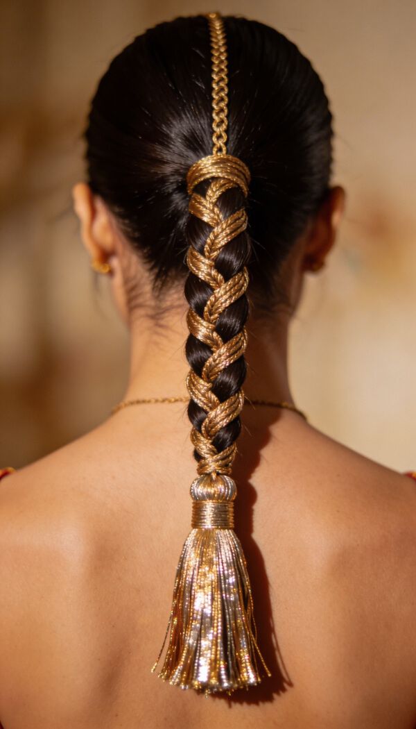Sleek Indian braid with golden hair chain accessory
