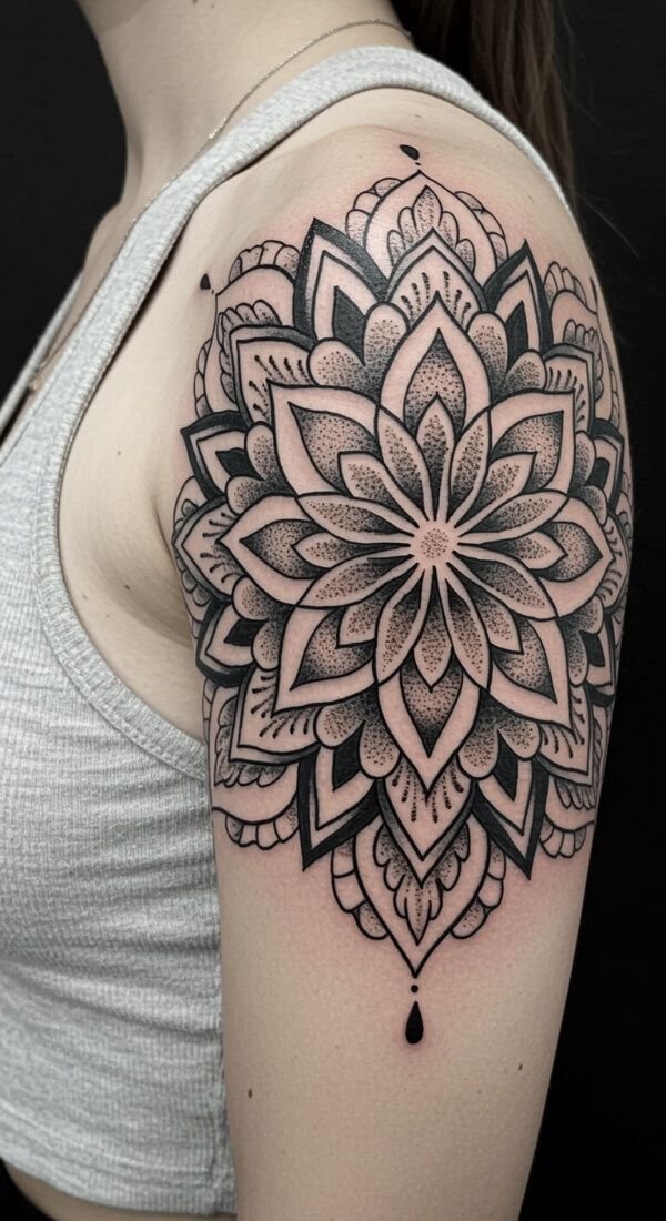 detailed black mandala flower tattoo on upper arm shoulder