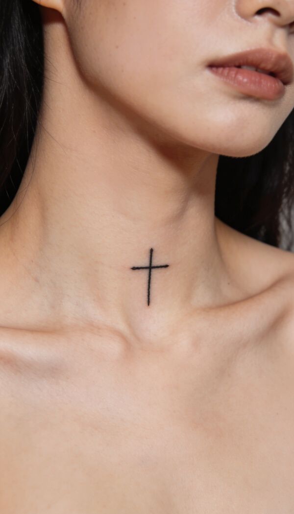 Small black cross tattoo on neck